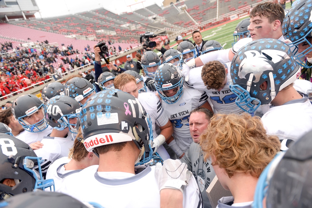 (Leah Hogsten  |  The Salt Lake Tribune) Sky View celebrates the win. Sky View High School defeated Park City 35-0 to win the 4A State Championship football title, Nov. 11, 2019 at Rice-Eccles Stadium.
