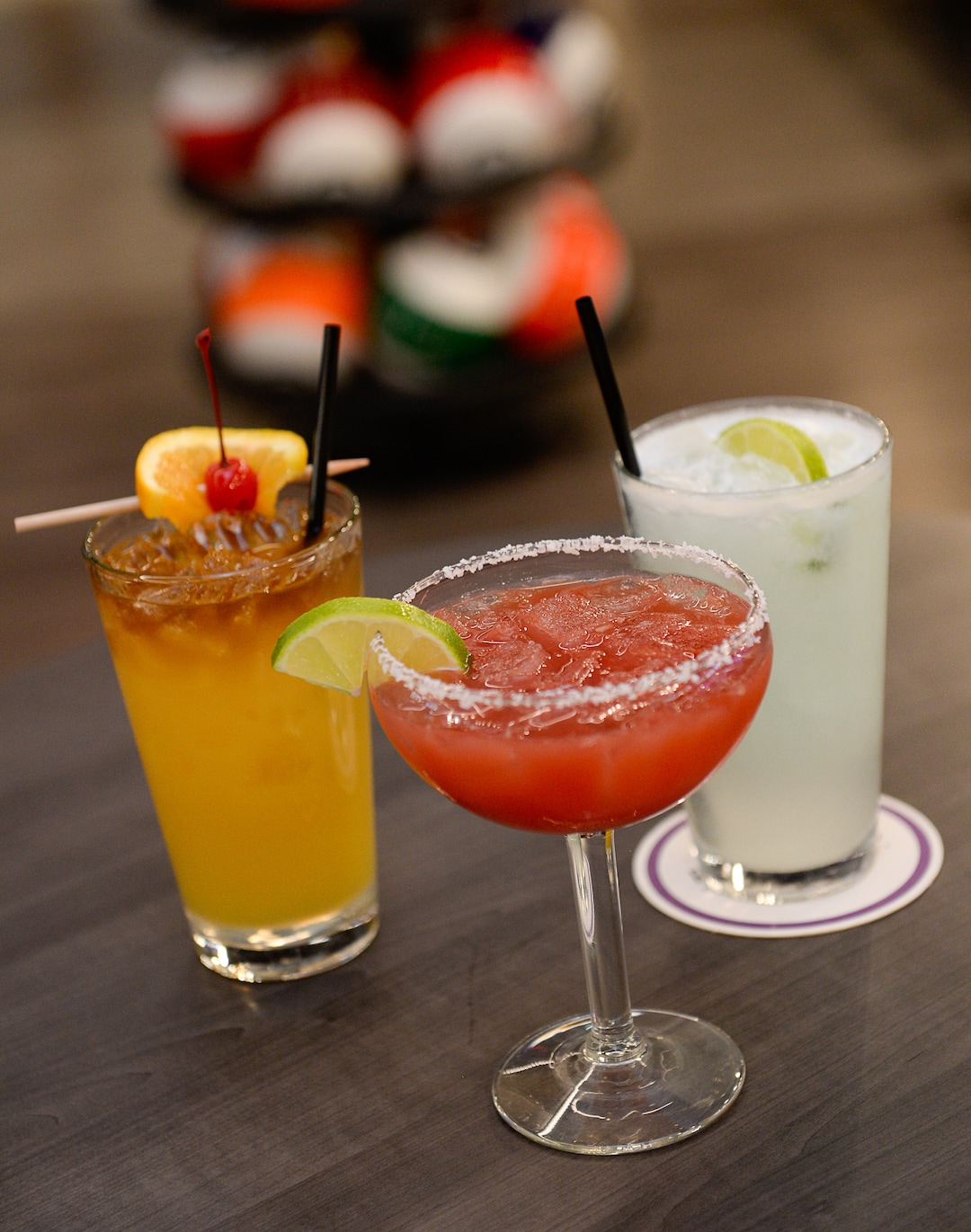 (Francisco Kjolseth  |  The Salt Lake Tribune)  The Mai Tai, Margarita All Star and Bull Island cocktail at the new Pins & Ales 21+ bar which is adjacent to the all ages All Star Bowling which opened a new 70,000 square foot, high-tech bowling and entertainment center at Valley Fair Mall, in West Valley City. It has 32 lanes with luxury seating, laser tag and virtual reality games as well as old-school air hockey, basketball and bumper cars.