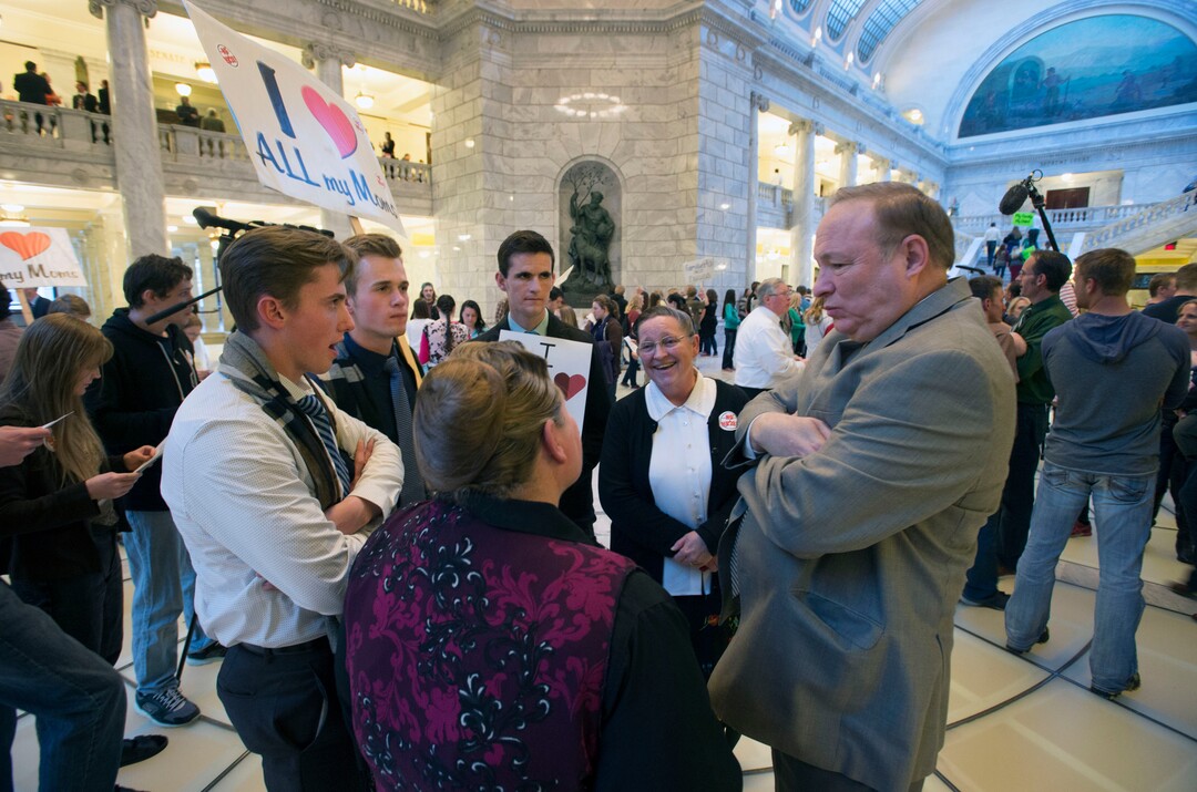 Steve Griffin  |  The Salt Lake TribunePriscilla Hammon and her sister Marlyne Hammon, of the Centennial Park Action Committee in Centennial Park, AZ,  talk with Sen. Jim Dabakis, D-Salt Lake City following a protest rally against H.B. 281 that if passed make polygamy a felony in Utah again. Members of  plural marriage community are not happy and rallied against the bill in the Capitol rotunda during the 2016 legislative session in Salt Lake City, Monday, March 7, 2016. 