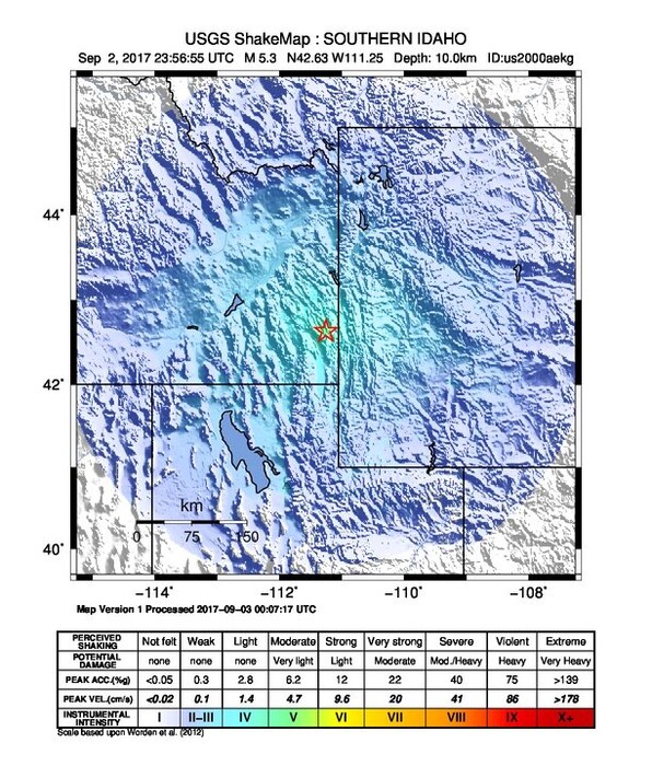 (Courtesy of USGS) This ShakeMap shows the intensity of the earthquake that hit Soda Springs, Idaho, and was felt in Utah.