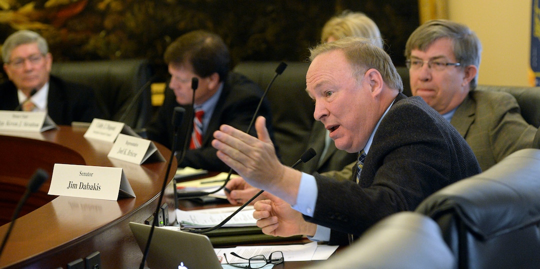 Al Hartmann  |  The Salt Lake TribuneSen. Jim Dabakis, D-Salt Lake City, right, a member of the Commission for the Stewardship of Public Lands angrily asks why no one aside from chairmen Senator David Hinkins, R- Orangeville, Rep. Kevin Stratton, R-Orem, the governor and attorney general have access to legal papers from lawyers who would lead the state's land fight that would cost nearly 14 million dollars. 