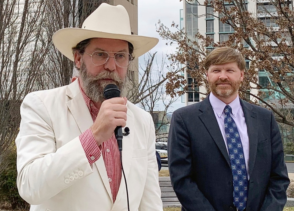 (Kim Chandler | The Associated Press)  Proud Boys founder Gavin McInnes, left, discusses a lawsuit he filed against the Southern Poverty Law Center during a news conference in Montgomery, Ala., on Monday, Feb. 4, 2019. His attorney, Baron Coleman, listens on the right. McInnes contends the nonprofit organization wrongly labeled the far-right Proud Boys a hate group.