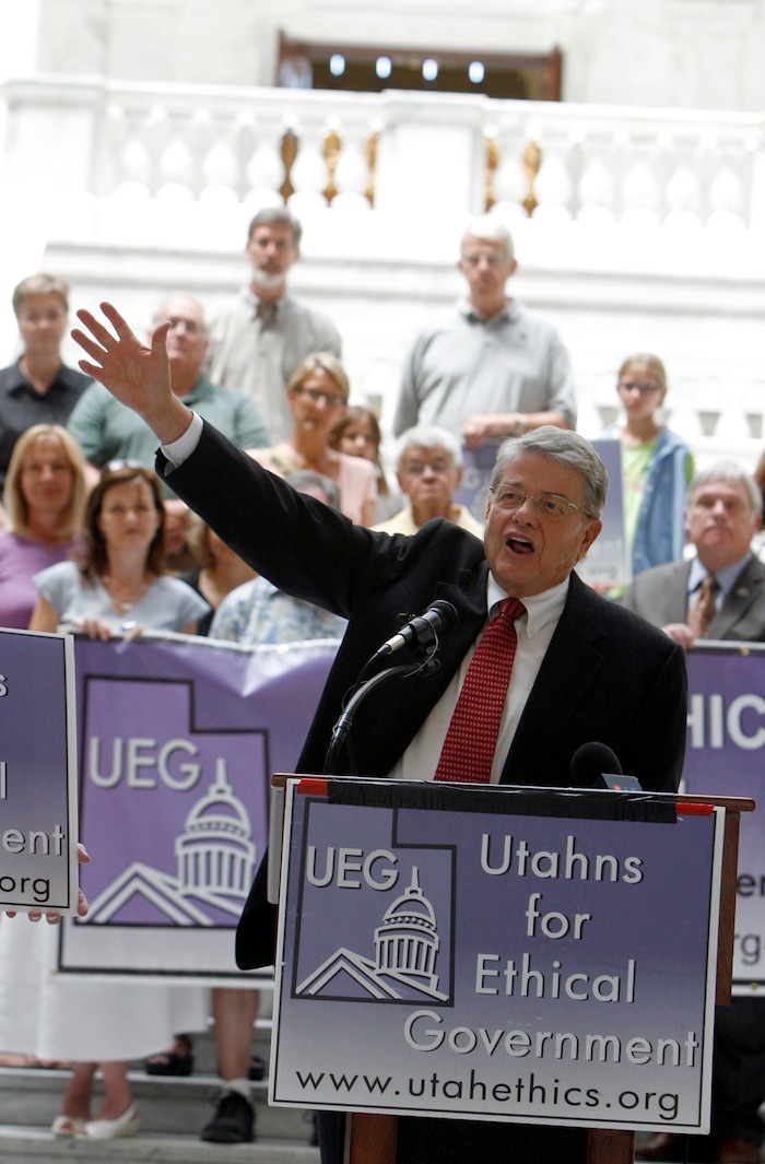 FRANCISCO KJOLSETH | The Salt Lake Tribune | Former state legislator Kim Burningham in this photos circa 2012 announces that a group he supported has collected enough signatures to place ethics reform on the 2012 ballot. Burningham died July 7, 2017, from liver cancer. He was 80.