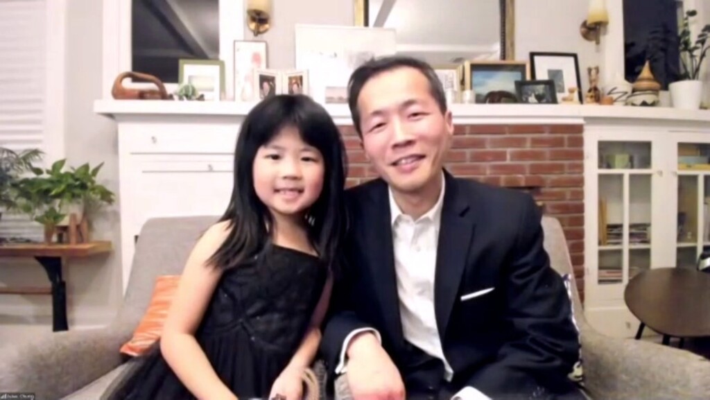 (Photo courtesy of NBC) Lee Isaac Chung,  winner of best motion picture – foreign language for “Minari” and his daughter on the Golden Globes telecast in February.