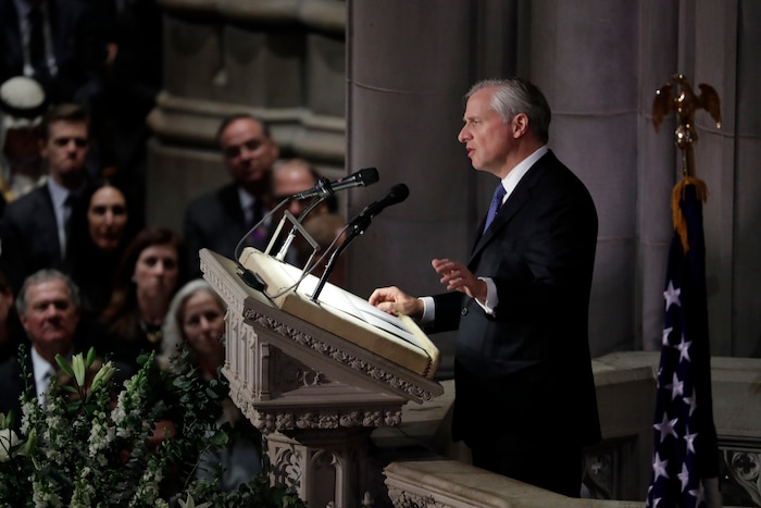 Presidential biographer Jon Meacham speaks during the State Funeral for former President George H.W. Bush at the National Cathedral, Wednesday, Dec. 5, 2018, in Washington. (AP Photo/Evan Vucci)
