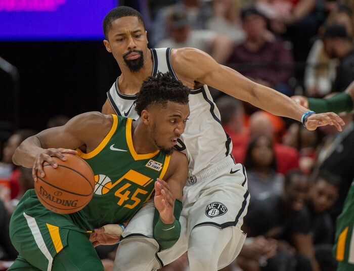(Rick Egan  |  The Salt Lake Tribune)   Utah Utah Jazz guard Donovan Mitchell (45) tries to get past Brooklyn Nets guard Spencer Dinwiddie (8), in NBA action between Utah Jazz and Brooklyn Nets at Vivint Smart Home Arena, Saturday, March 16, 2019.


