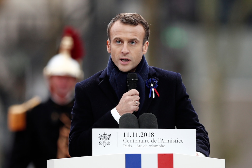 (Benoit Tessier/Pool Photo via AP) French President Emmanuel Macron delivers his speech as he attends a commemoration ceremony for Armistice Day, 100 years after the end of the First World War at the Arc de Triomphe in Paris, France, Sunday, November 11, 2018.