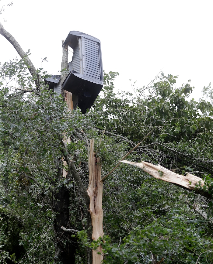 (Melissa Phillip | Houston Chronicle via AP) A truck bed lies in a tree near Bryant's Auto Sales in Katy, Texas, on Saturday, Aug. 26, 2017, after a possible tornado during Hurricane Harvey.