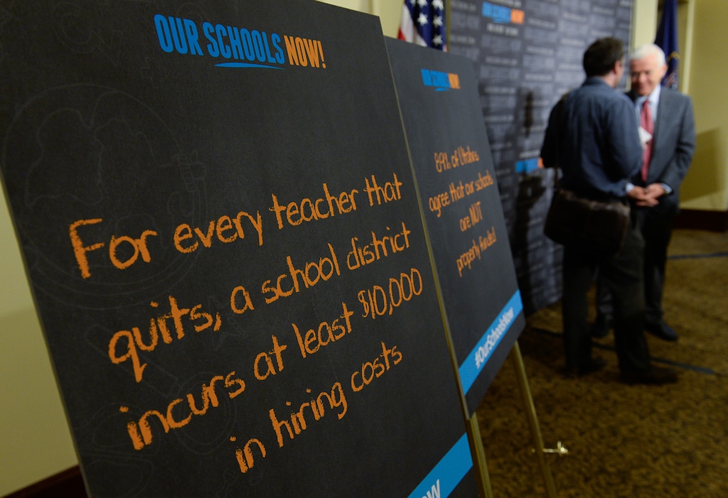 (Francisco Kjolseth | The Salt Lake Tribune) Poster signs reveal the high cost of teachers quitting following a press event by Our Schools Now who formally launched its tax increase initiative on Tuesday, June 6, 2017, at the Utah Capitol.