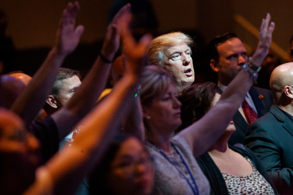 (AP Photo/Evan Vucci, File)In this Oct. 30, 2016, photo, Republican presidential candidate Donald Trump stands during a service at the International Church of Las Vegas in Las Vegas.
