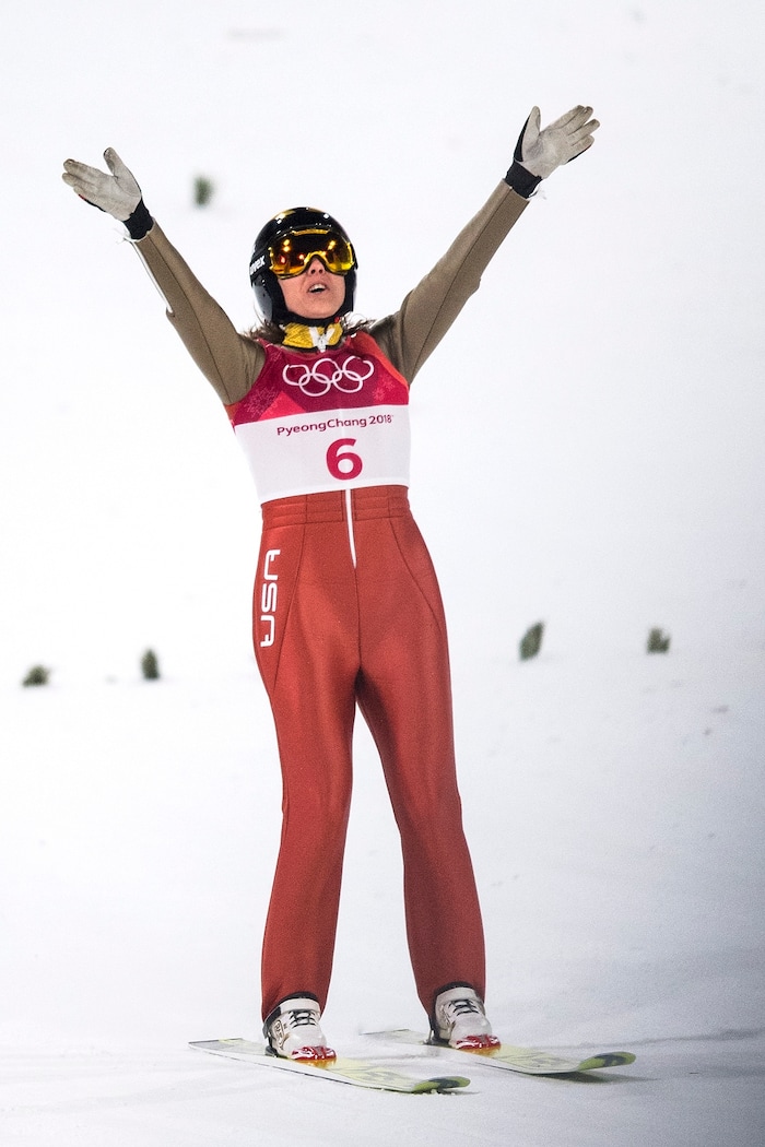(Chris Detrick  |  The Salt Lake Tribune)  USA's Abby Ringquist reacts after competing in the Ladies' Normal Hill Individual at the Alpensia Ski Jumping during the Pyeongchang 2018 Winter Olympics Monday, February 12, 2018.  Ringquist finished in 29th place with a total of 144.4.