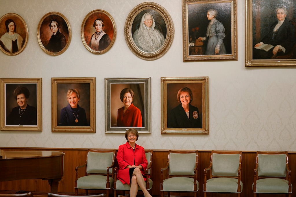 (Rick Bowmer | AP) Sharon Eubank, first counselor in the general presidency of the Relief Society, which is made up of all adult women in The Church of Jesus Christ of Latter-day Saints, poses for a photograph Tuesday, Dec. 7, 2021, in Salt Lake City.