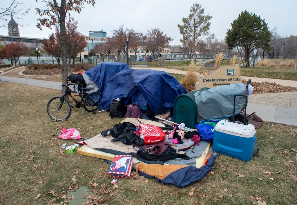 (Rick Egan | The Salt Lake Tribune) A homeless encampment near the Salt Lake City Library, Monday, Dec. 23, 2019.