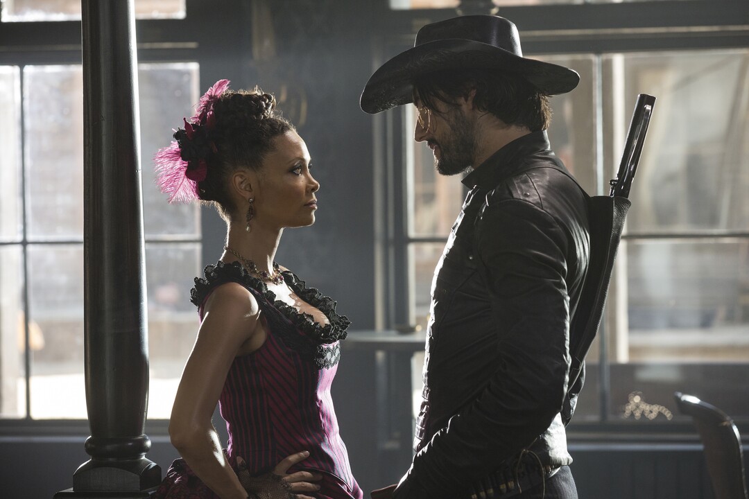 John P. Johnson  |  HBOThandie Newton as Maeve Millay and Rodrigo Santoro as Hector Escaton in ÒWestworld.Ó