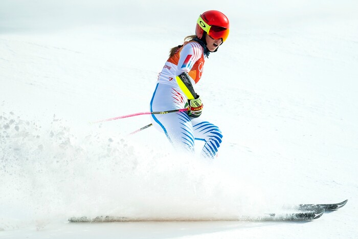 (Chris Detrick  |  The Salt Lake Tribune)  USA's Mikaela Shiffrin competes in the Ladies' Giant Slalom at Yongpyong Alpine Centre during the Pyeongchang 2018 Winter Olympics Thursday, Feb. 15, 2018.  Shiffrin won the event with a time of 2:20.02.