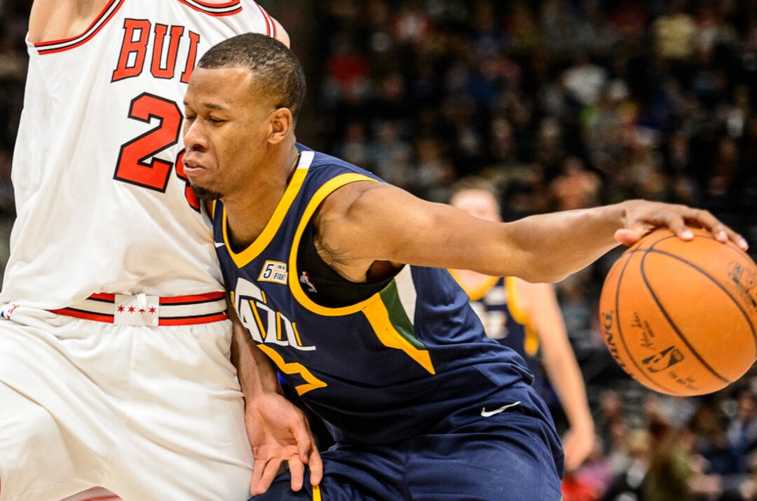 (Trent Nelson | The Salt Lake Tribune)  Utah Jazz guard Rodney Hood (5) runs into Chicago Bulls forward Lauri Markkanen (24) as the Utah Jazz host the Chicago Bulls, NBA basketball in Salt Lake City Wednesday November 22, 2017.