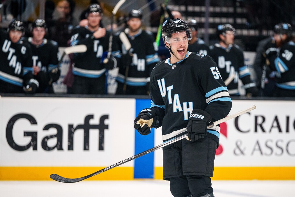 (Trent Nelson  |  The Salt Lake Tribune) Sean Durzi celebrates a goal as Utah Hockey Club hosts the Minnesota Wild, NHL hockey in Salt Lake City on Thursday, Feb. 27, 2025.