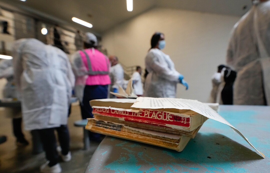 (Francisco Kjolseth | The Salt Lake Tribune) The Plague novel by Albert Camus is one of the reading choices as seen in the day room area of the Utah State Prison in Draper as incoming inmates are given the choice the get the COVID-19 vaccine on Tuesday, July 27, 2021.