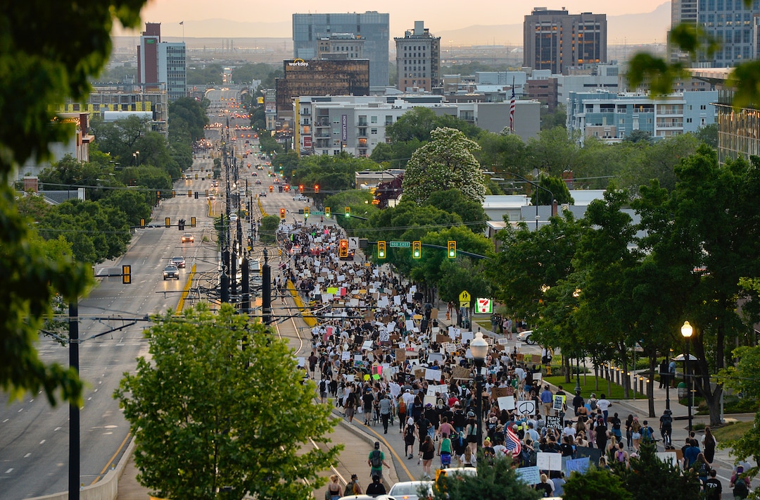 (Francisco Kjolseth  |  The Salt Lake Tribune) A large group of demonstrators protesting against police brutality travel back to downtown Salt Lake City after making the trek to the University of Utah on Wednesday, June 3, 2020, as the initially set 8 p.m. weeklong curfew was removed.