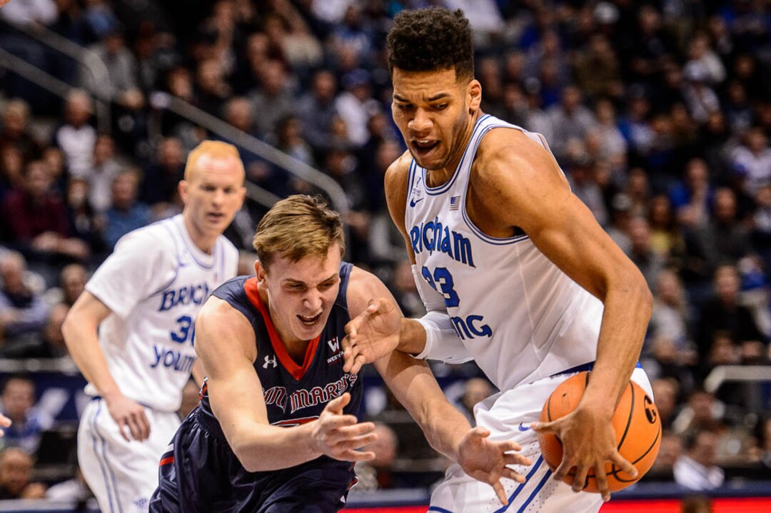 (Trent Nelson | The Salt Lake Tribune)   Brigham Young Cougars forward Yoeli Childs (23) steals the ball from St. Mary's Gaels guard Emmett Naar (3) as BYU hosts the St. Mary's Gaels, NCAA basketball in Provo, Saturday December 30, 2017.