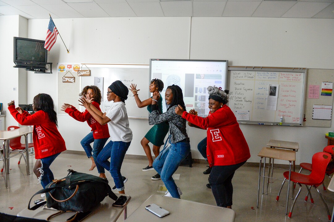 (Leah Hogsten  |  The Salt Lake Tribune) Left to right, Esperance Iradukunda, Olivia Winston, Aguilera Niyonkuru, Summer Goodin, Rosine Nibishaka and Joyce Mayombe, members of East High School's Black Student Union end their Sept. 18 meeting with a group dance.