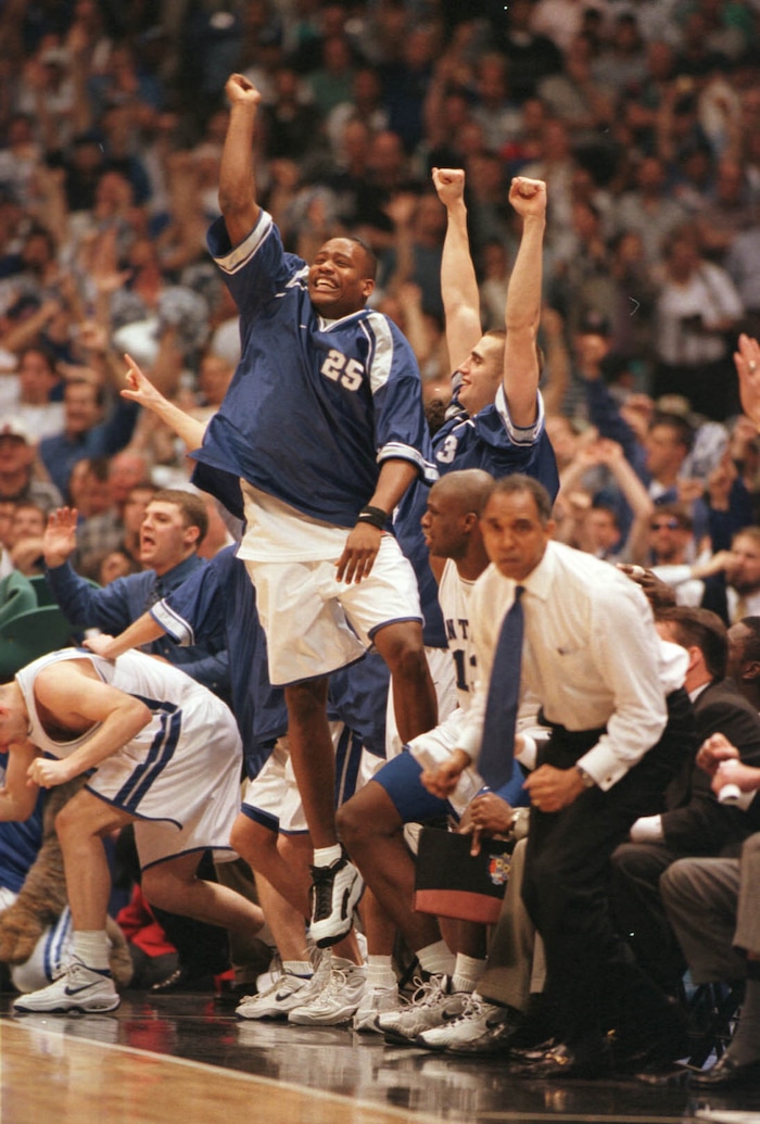 (Steve Griffin  |  Tribune file photo)  The Kentucky bench celebrates a victory over Utah in the 1998 NCAA Championship at the Alamodome in San Antonio, Texas.
