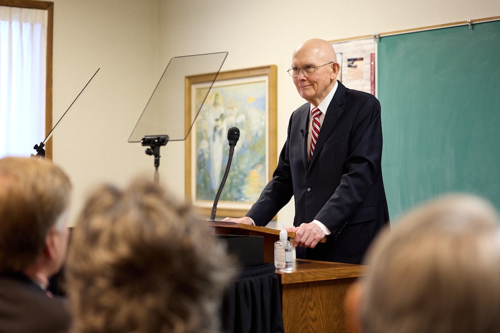 (The Church of Jesus Christ of Latter-day Saints)
President Dallin H. Oaks of the First Presidency speaks to church leaders and their spouses in Wilmette, Ill., 14 miles north of downtown Chicago, on the morning of Saturday, Feb. 11, 2023.