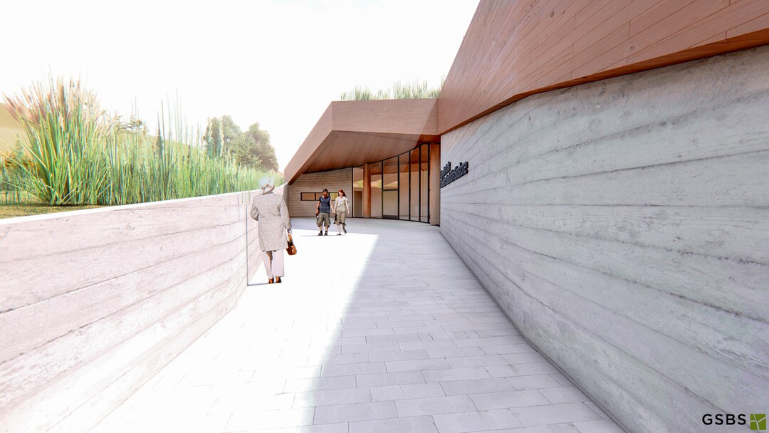 Architectural rendering courtesy of GSBS ArchitectsThe Boa Ogoi Cultural & Interpretive Center's 6,000 square-foot architecture was designed to show deep reverence for the sacred land and what the land means to the Shoshone People. The exterior will have several plazas, walking trails with information kiosks, an outdoor amphitheater. 