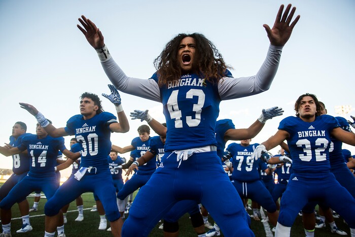 (Chris Detrick  |  The Salt Lake Tribune)  Bingham's Lolani Langi (43) and his teammates do the Haka before the game at Bingham High School Friday, August 25, 2017. Bingham is winning the game 24-17 at halftime. 