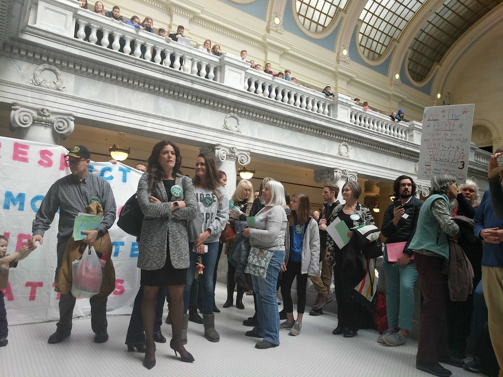 (Leah Hogsten | Tribune file photo)  Protestors gather outside the Utah House chambers, as members gather to vote on the replacement Medicaid plan on Friday, Feb. 2, 2019.