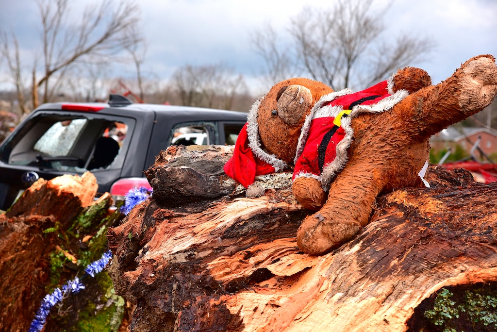 (Jack McNeely | The Herald-Citizen | AP) This Santa bear came to rest in the splinter of a tree in the Locust Grove area just off Highway 70 west of Cookeville, Tenn.,Tuesday, March 3, 2020.