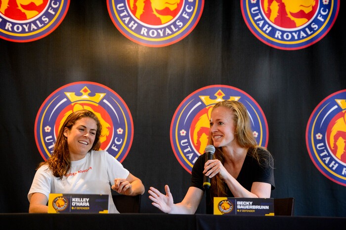 (Trent Nelson | The Salt Lake Tribune)
Utah Royals defenders Kelley O'Hara and Becky Sauerbrunn speak about their World Cup experiences at a news conference in Sandy on Wednesday July 17, 2019.