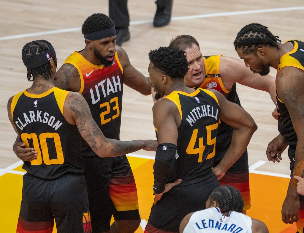 (Rick Egan | The Salt Lake Tribune) Utah Jazz players gather to make plans, during a break in the action, in NBA action between the Utah Jazz and the LA Clippers, in game one in the second round of the NBA playoff series at Vivint Arena, on Tuesday, June 8, 2021.