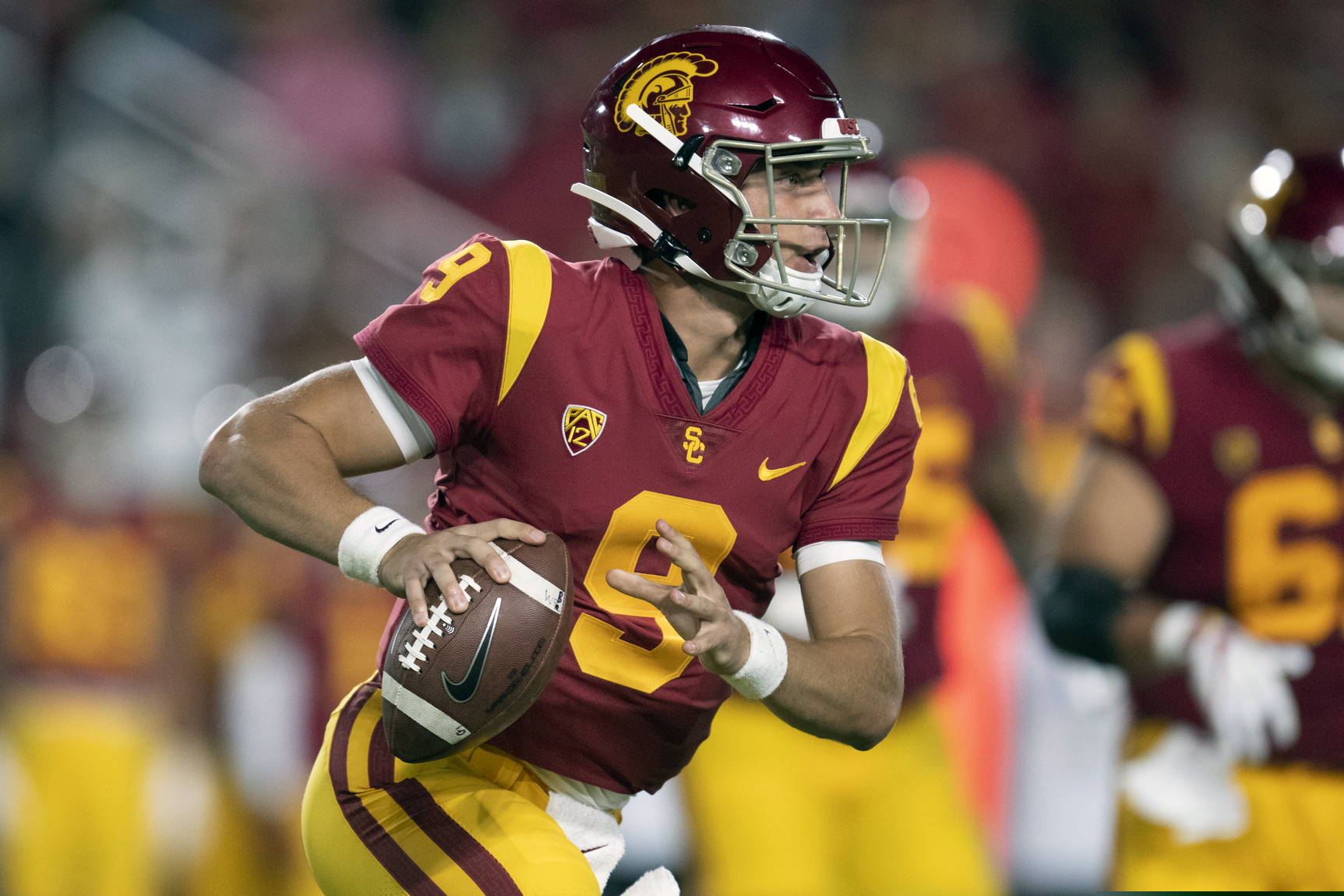 (Kyusung Gong | AP file photo) Southern California quarterback Kedon Slovis is shown during an NCAA college football game against Fresno State, in Los Angeles, Sept. 31, 2019. With J.T. Daniels out for the season, the freshman backup is in charge when the Trojans face BYU Saturday.