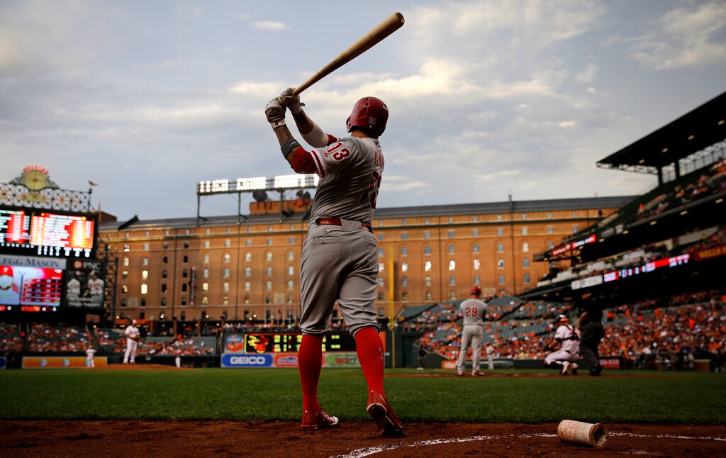 (Patrick Semansky | AP Photo) Philadelphia Phillies' Freddy Galvis prepares for an at-bat in the third inning of an interleague baseball game against the Baltimore Orioles, Monday, June 15, 2015, in Baltimore. It's been 25 years since the Baltimore Orioles began playing in Camden Yards, the start of a nationwide trend of major league teams moving into new ballparks.