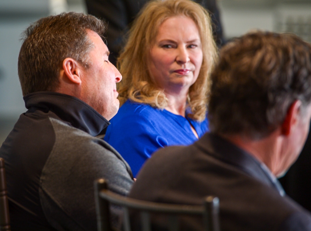 Leah Hogsten  |  The Salt Lake Tribune  Plaintiffs Nicole Gregory, right, of Taylorsville, watches her husband Travis Gregory become emotional as he talks about how the couple were duped out of their money in a Ponzi scheme brokered by Gaylen Rust of Salt Lake City.  Attorneys representing over 400 people who were defrauded by Gaylen Dean Rust of Salt Lake CityÕs Rust Rare Coin Inc., announced they filed a federal class action suit, Jan.8, 2019 against Zions Bank, accusing the financial institution of knowingly allowing the Ponzi scheme to operate. 