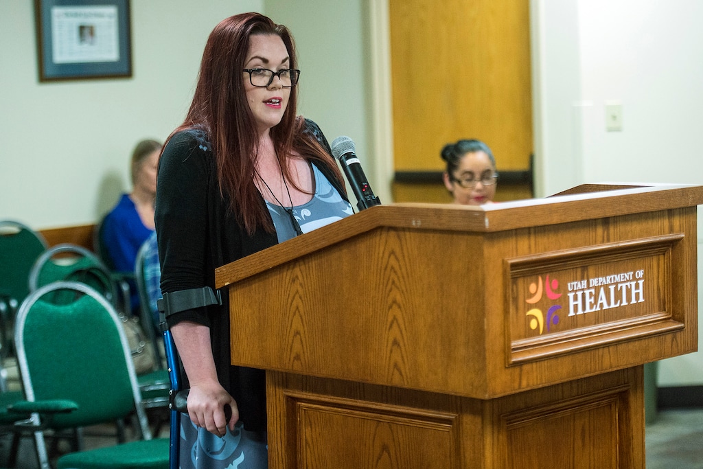 Chris Detrick  |  The Salt Lake TribuneUtah Health Policy Project's Stacy Stanford speaks during a state Health Department public meeting at the Cannon Health Building Thursday, June 22, 2017. 