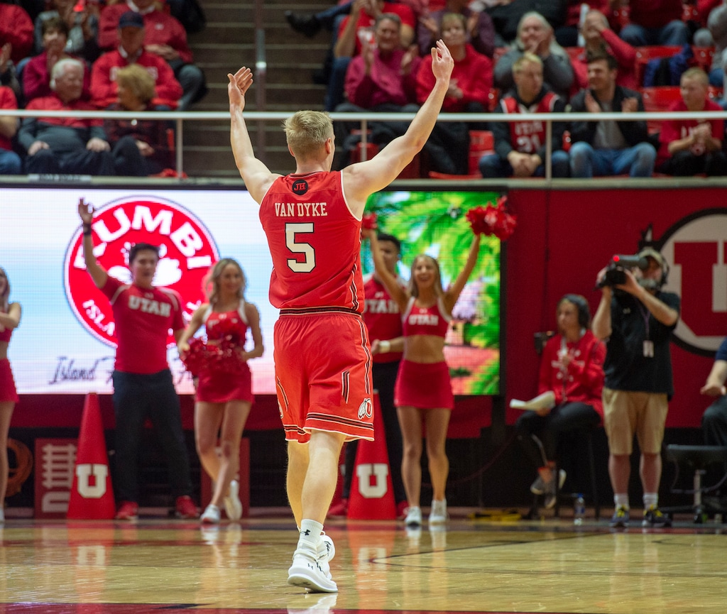 (Rick Egan | The Salt Lake Tribune)       Utah Utes guard Parker Van Dyke (5) celebrates after hitting his 5th 3-point shot of the first half, in PAC-12 action between Utah Utes and Arizona Wildcats at the Jon M. Huntsman Center, Thursday, Feb. 14. 2019