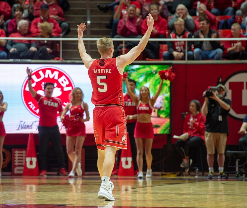 (Rick Egan | The Salt Lake Tribune)       Utah Utes guard Parker Van Dyke (5) celebrates after hitting his 5th 3-point shot of the first half, in PAC-12 action between Utah Utes and Arizona Wildcats at the Jon M. Huntsman Center, Thursday, Feb. 14. 2019