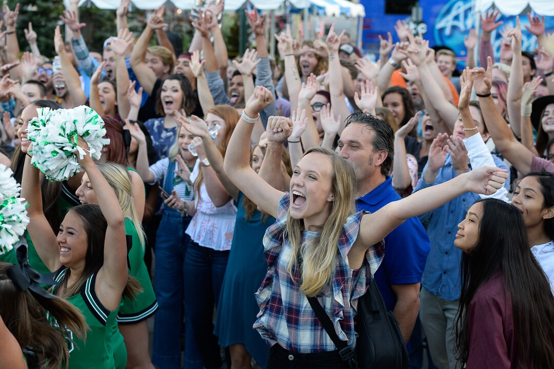 (Francisco Kjolseth  |  The Salt Lake Tribune)  "American Idol" hopefuls, including Sadie Stewart, 17, of Benjamin, Utah, cheer for the camera prior to auditions in downtown Provo on Wednesday morning, Aug. 23, 2017, for the revived show, which is moving to ABC and will air in early 2018.