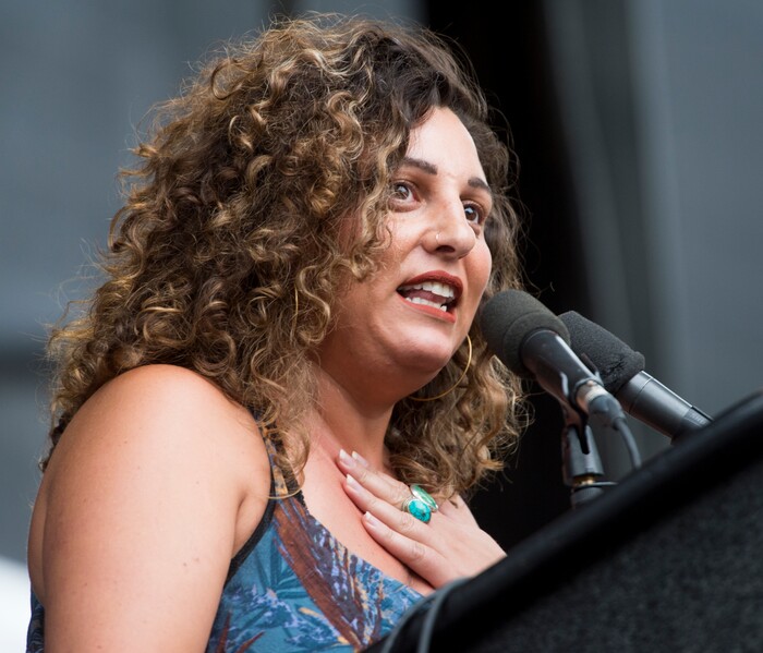 (Rick Egan  |  The Salt Lake Tribune)  Kaneischa Johnson speaks the Charlottesville Va. solidarity rally, hosted by Utah League of Native American Voters, at the City and County Building, Monday, August 14, 2017.


