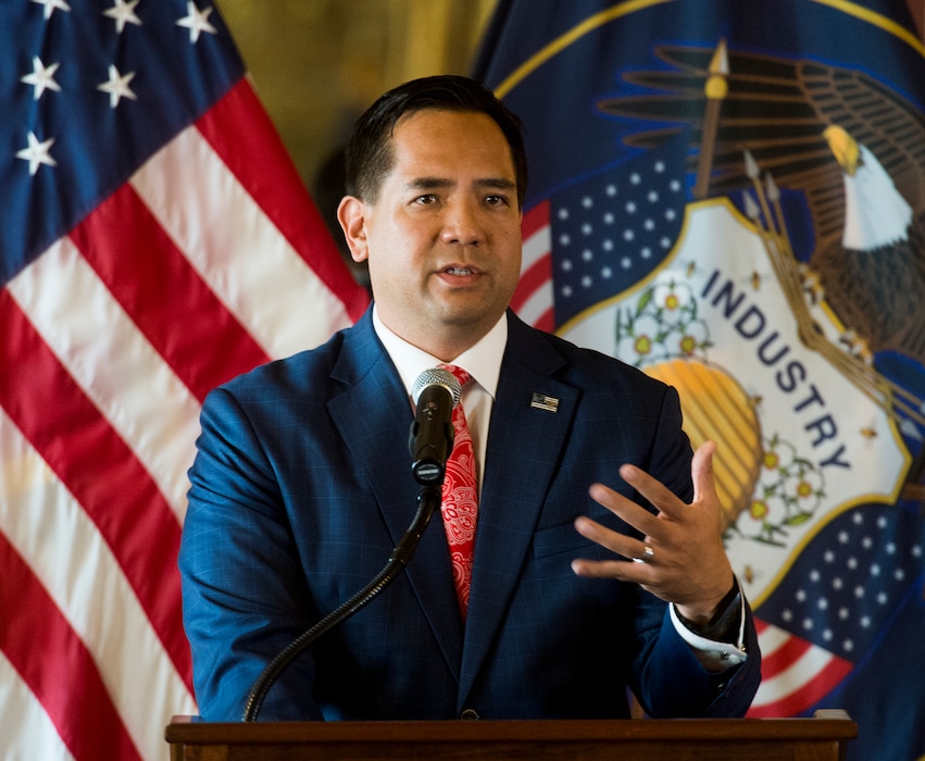 (Rick Egan  |  The Salt Lake Tribune)     Attorney General Sean Reyes speaks during a news conference about the National Suicide Prevention Hotline Improvement Act being signed into law. Tuesday, Aug. 21, 2018.