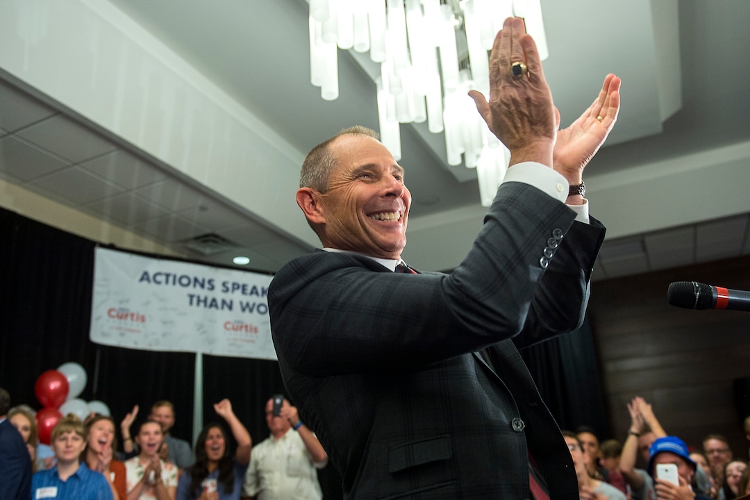 (Chris Detrick  |  The Salt Lake Tribune)  Provo Mayor John Curtis celebrates during his election night party at the Provo Marriott Hotel & Conference Center Tuesday, August 15, 2017. 