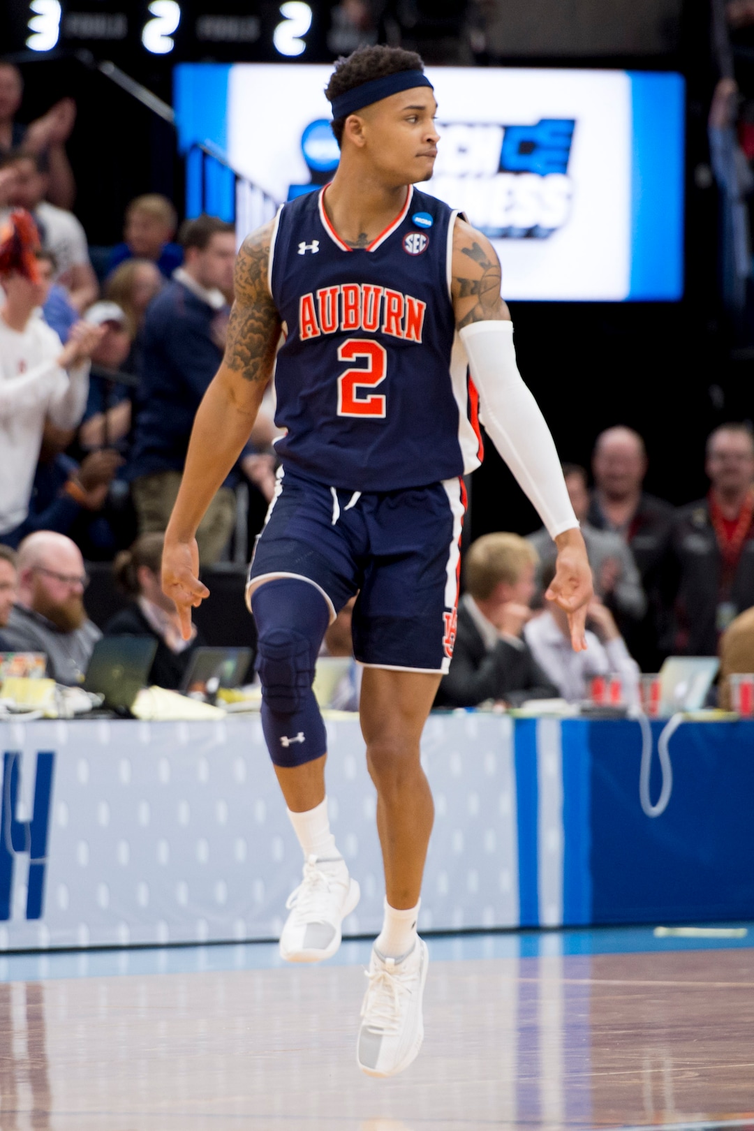(Leah Hogsten  | The Salt Lake Tribune)  Auburn Tigers guard Bryce Brown (2) celebrates a three pointer as Auburn faces Kansas in the second round of the NCAA tournament in Salt Lake City on Saturday, March 23, 2019.