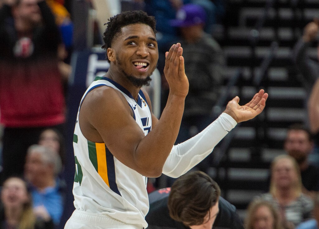 (Rick Egan  |  The Salt Lake Tribune) Utah Jazz guard Donovan Mitchell (45) celebrates as the Jazz extend their lead to 15 points in the 4th quarter, in NBA action between the Utah Jazz and the Washington Wizards, in Salt Lake City, Friday, February 28, 2020
