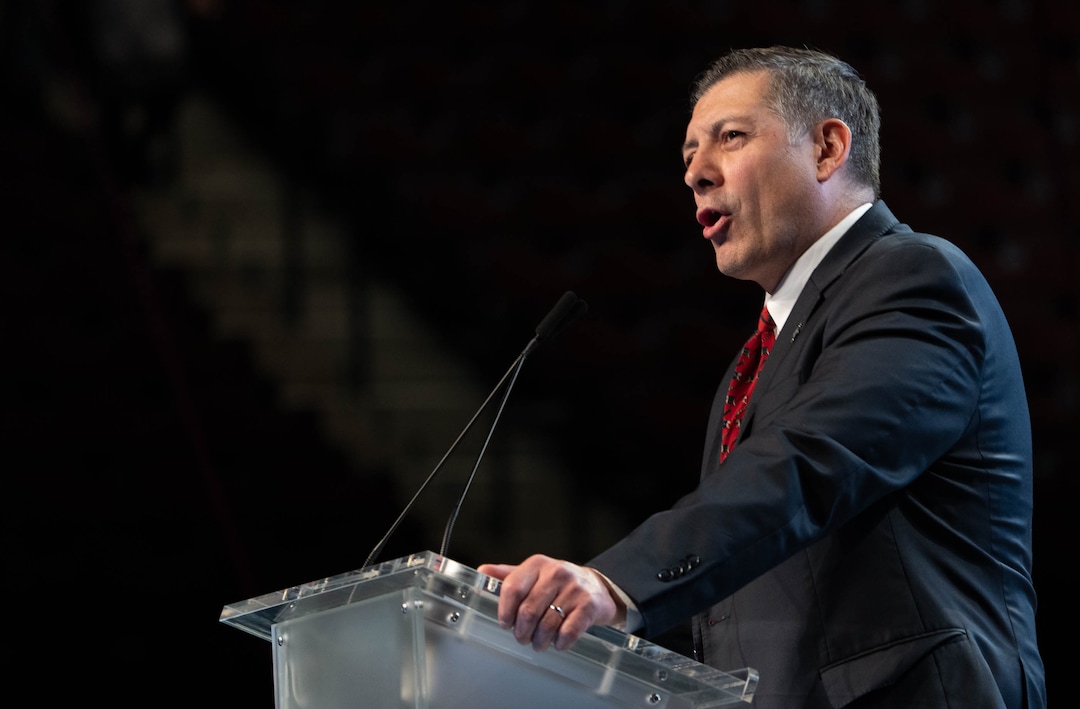 (Francisco Kjolseth | The Salt Lake Tribune) Stuart Peay, running for Utah Party Chair, speaks with delegates attending the Utah Republican Party’s 2021 Organizing Convention at the Maverik Center in West Valley City on Saturday, May 1, 2021.
