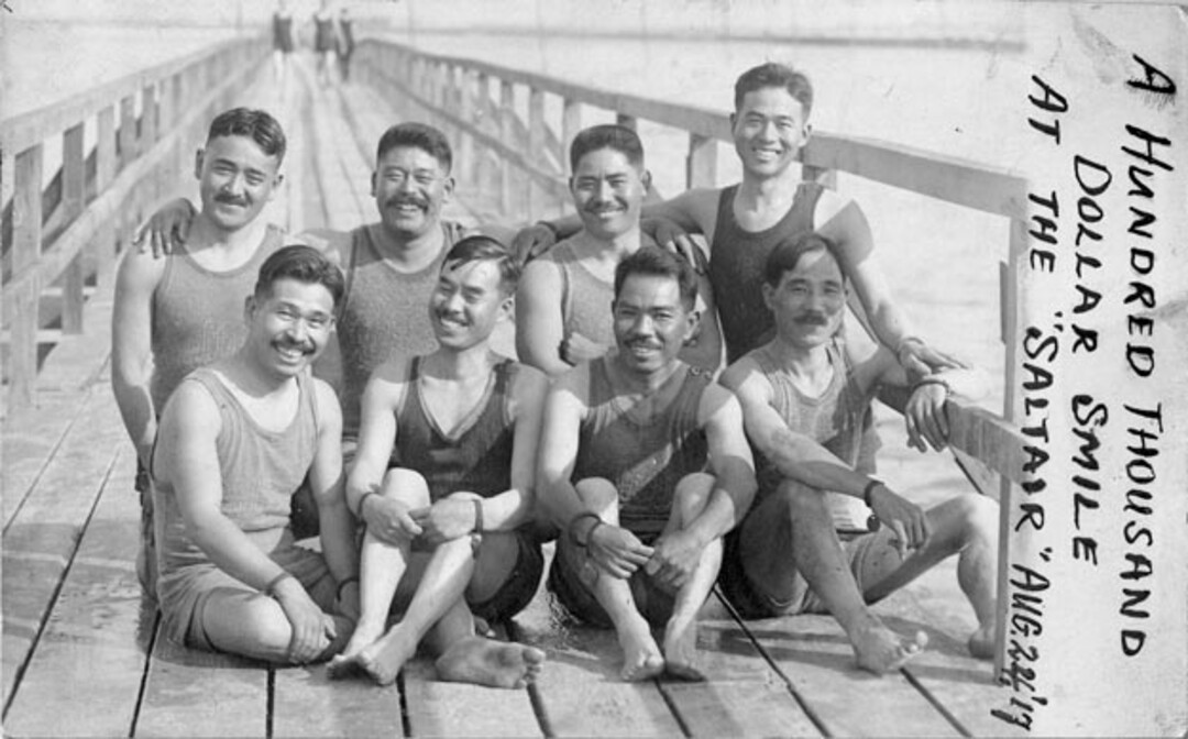 (Utah State Historical Society) Henry Kasai, top right, and others on the swimming pier at Saltair Resort, August 24, 1917.