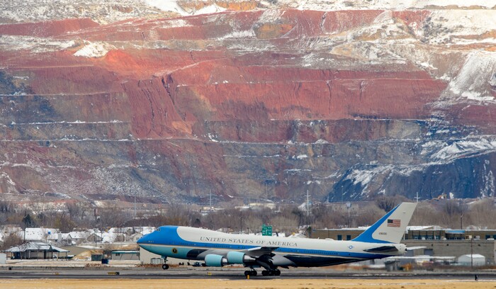 (Steve Griffin  |  The Salt Lake Tribune) Air Force One leaves the Salt Lake International Airport after President  Trump visited Salt Lake City Monday December 4, 2017.