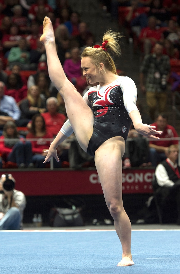 Rick Egan  |  The Salt Lake TribuneMaddy Stover performs on the floor, in Gymnastics action, Utah vs. Washington, Saturday, February 13, 2016.