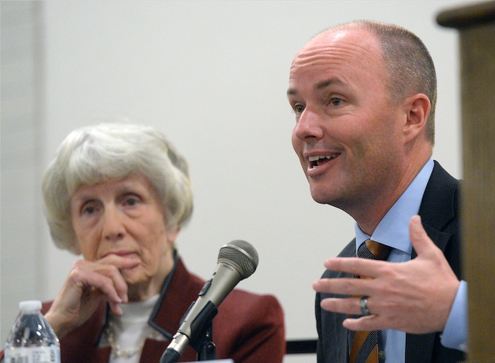 (Al Hartmann  |  The Salt Lake Tribune) 	
Homelessness advocate Pamela Atkinson, left, joined Lt. Governor Spencer Cox in a panel discusion to Utah homeless service providers at Utah's 14th Annual Homelessness Summit in Salt Lake City Wednesday Oct. 11.
